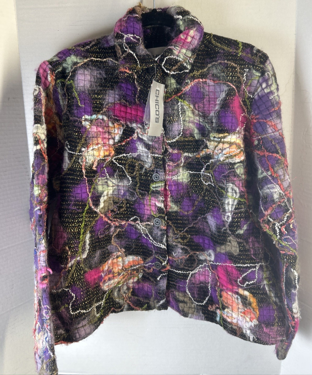 Chico’s Sponge Sugar Candy Jacket Sze 1 Textured Wool Blend Button Front Chicos